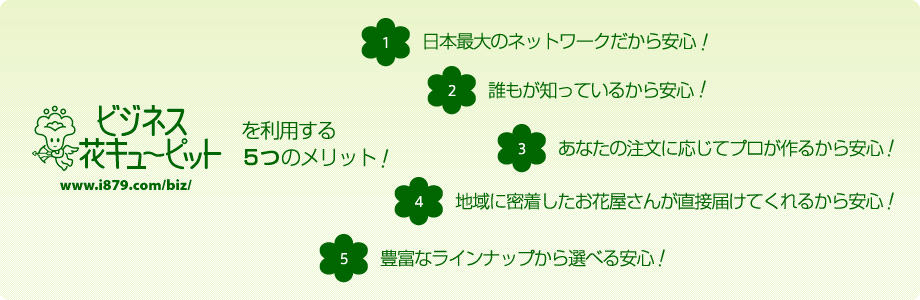 ビジネス花キューピットを利用する5つのメリット!
1.日本最大のネットワークだから安心!
2.誰もが知っているから安心!
3.あなたの注文に応じてプロが作るから安心!
4.地域に密着したお花屋さんが直接届けてくれるから安心!
5.豊富なラインナップから選べる安心!